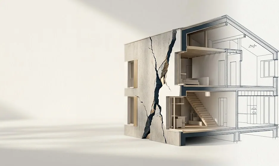 Vue en coupe d'une maison révélant sa structure — expertise bâtiment Derrière les Murs